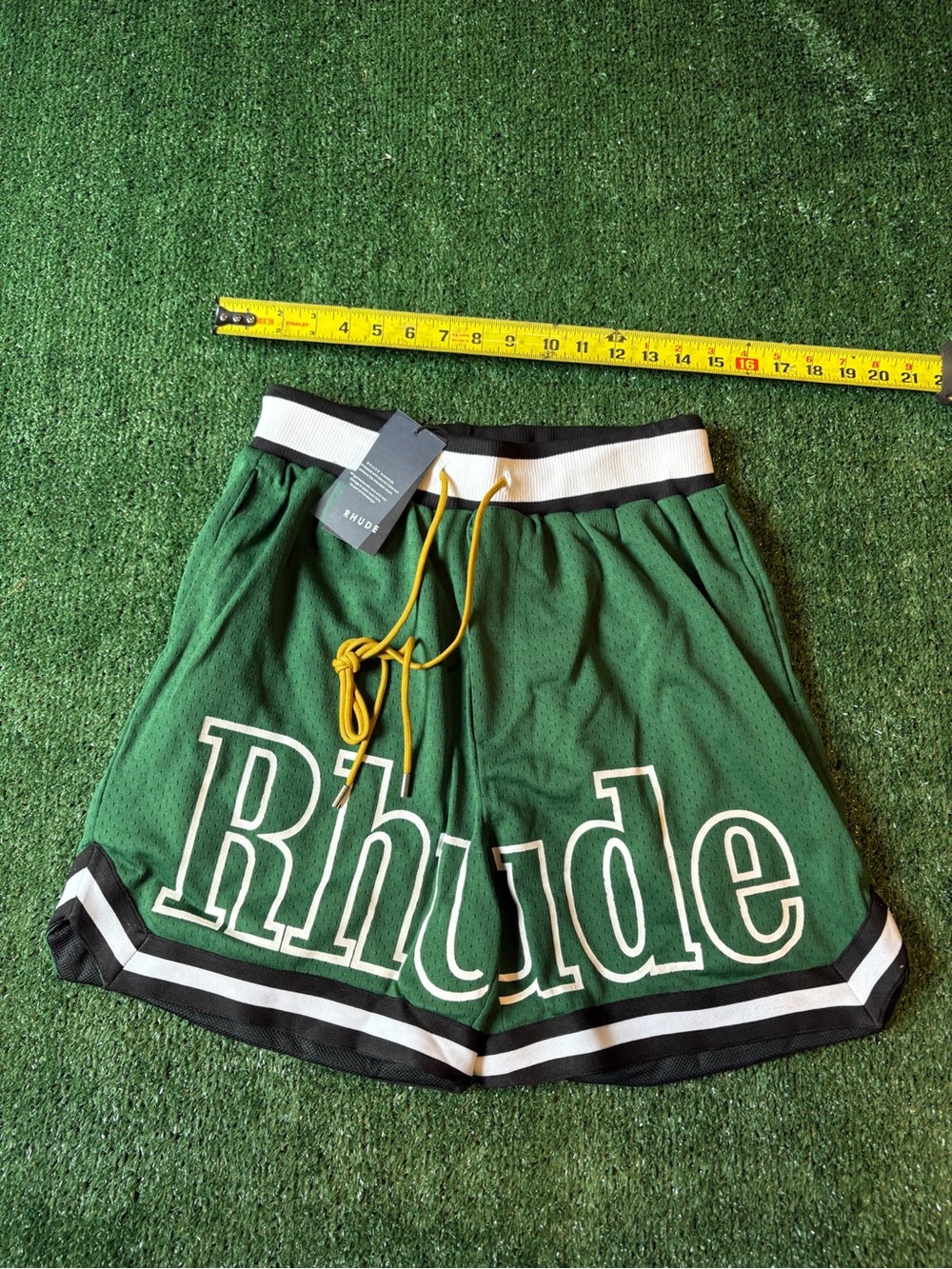 Rhude Green Mesh Athletic Shorts with Yellow Drawcord - Picture 7 of 7